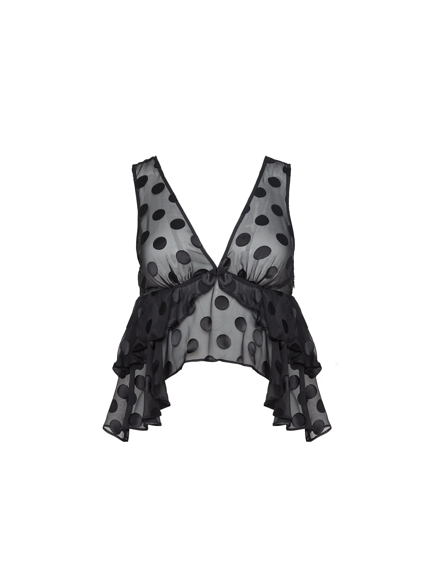 Silk Dot Ruffle Top-Black-FDM-Flat