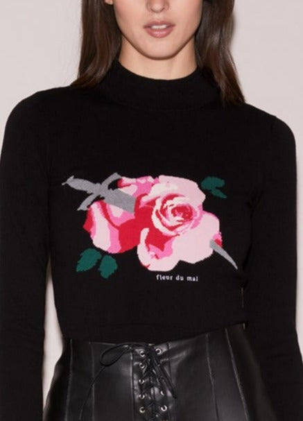 Rose & Dagger Cropped Sweater-black rose print | Fleur du Mal