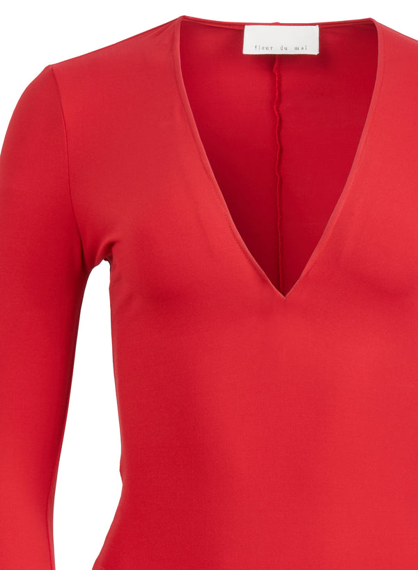 Long Sleeve Plunge Bodysuit-rouge | Fleur du Mal