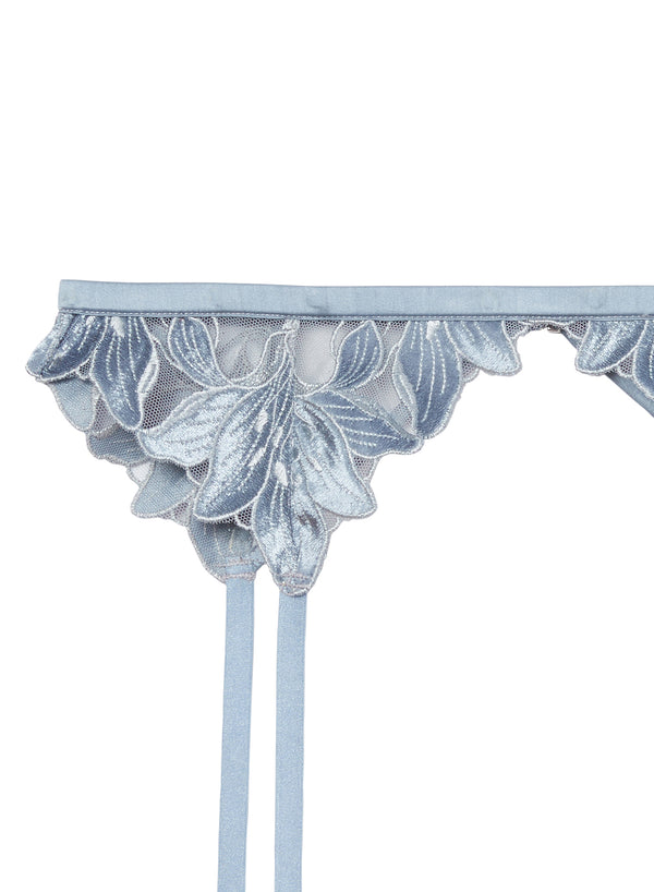 Velvet Lily Embroidery Garter Belt-steel blue | Fleur du Mal