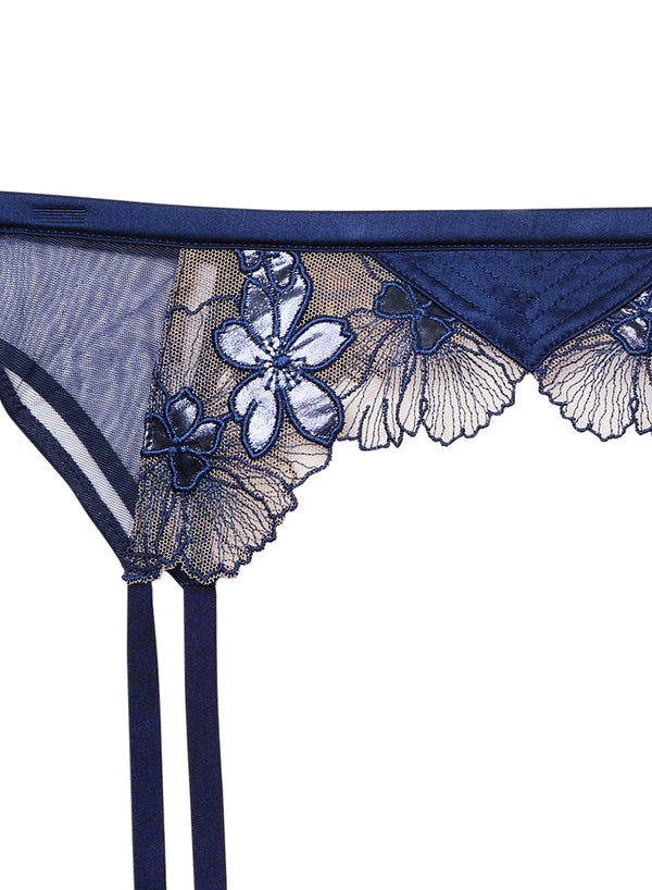 Violet Embroidered Garter Belt-nighttime blue | Fleur du Mal