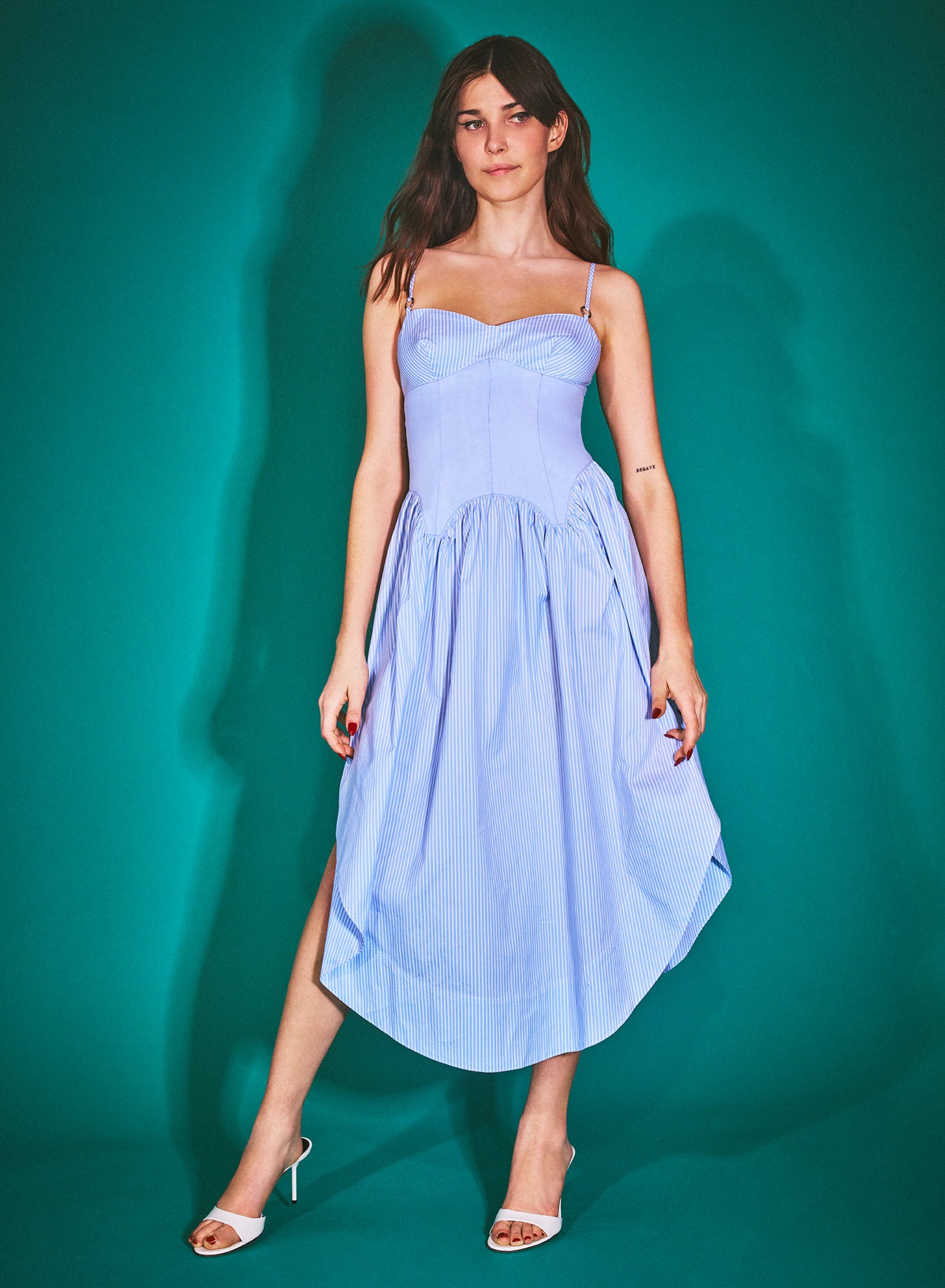 Stripe Sky Poplin Cupped Midi Dress