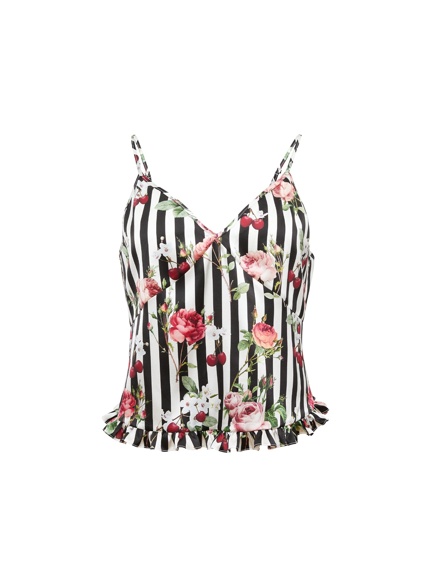 flatlay of roses & cherries pj top
