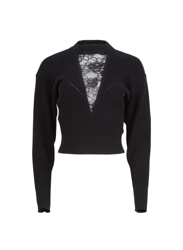 Black - Crew Neck Lace Knit Top | Fleur du Mal