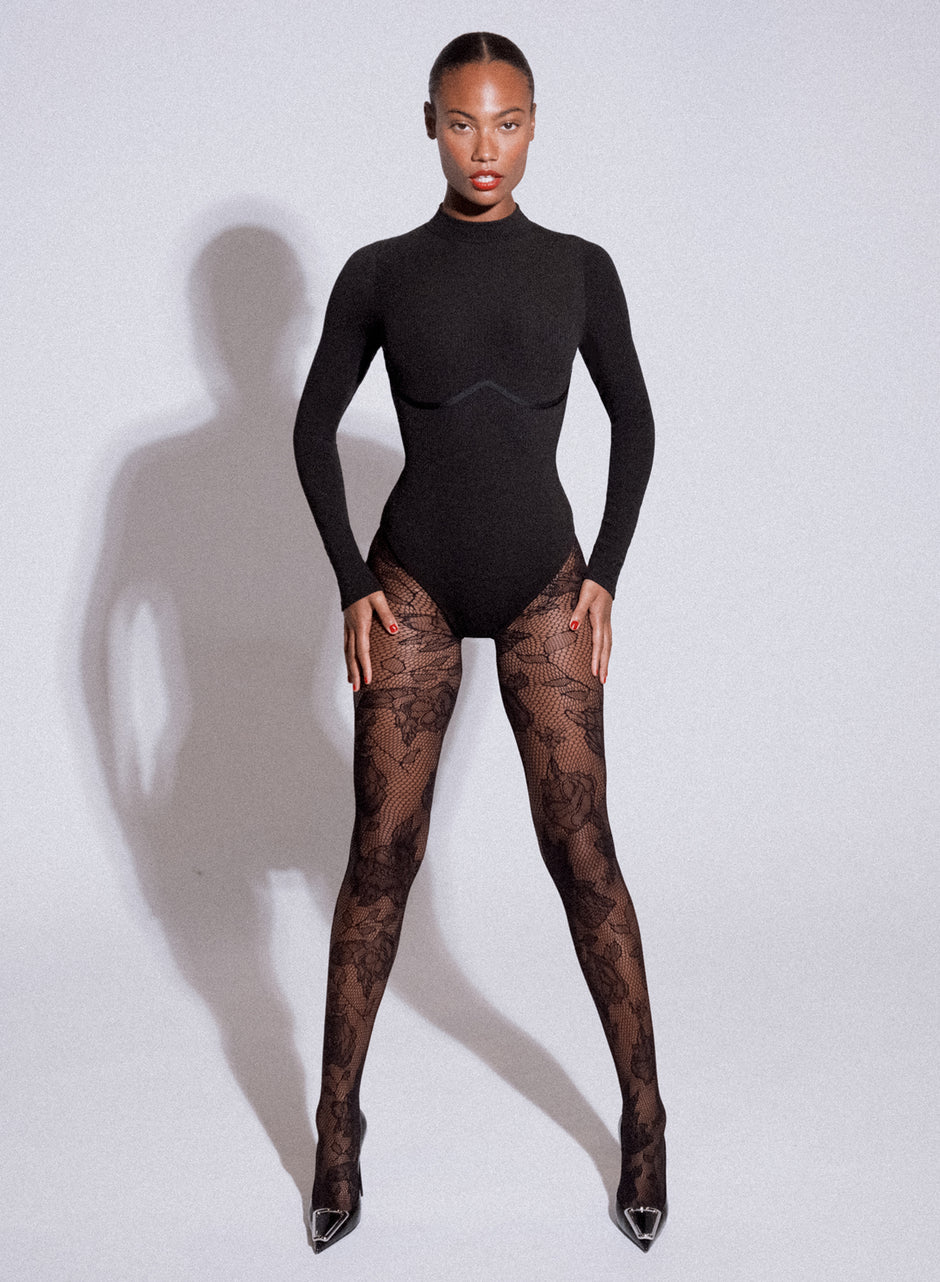 Black - Hourglass Rib Mockneck Long Sleeve Bodysuit | Fleur du Mal