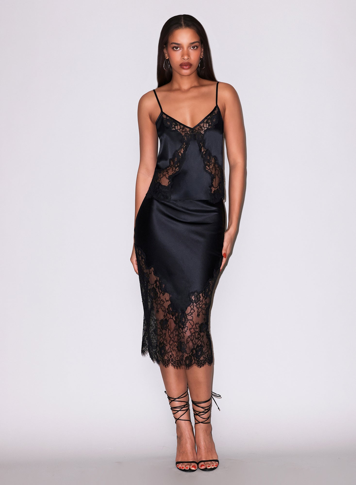 Juliet Lace Silk Cami & Skirt in black-fleur du mal-flat