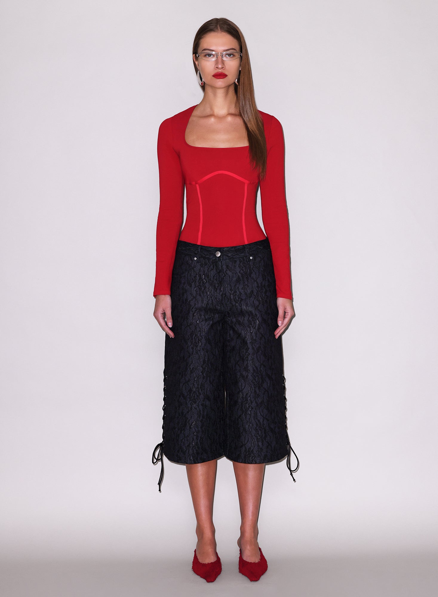 Scoop Neck Long Sleeve Bodysuit-red -Fleur du Mal