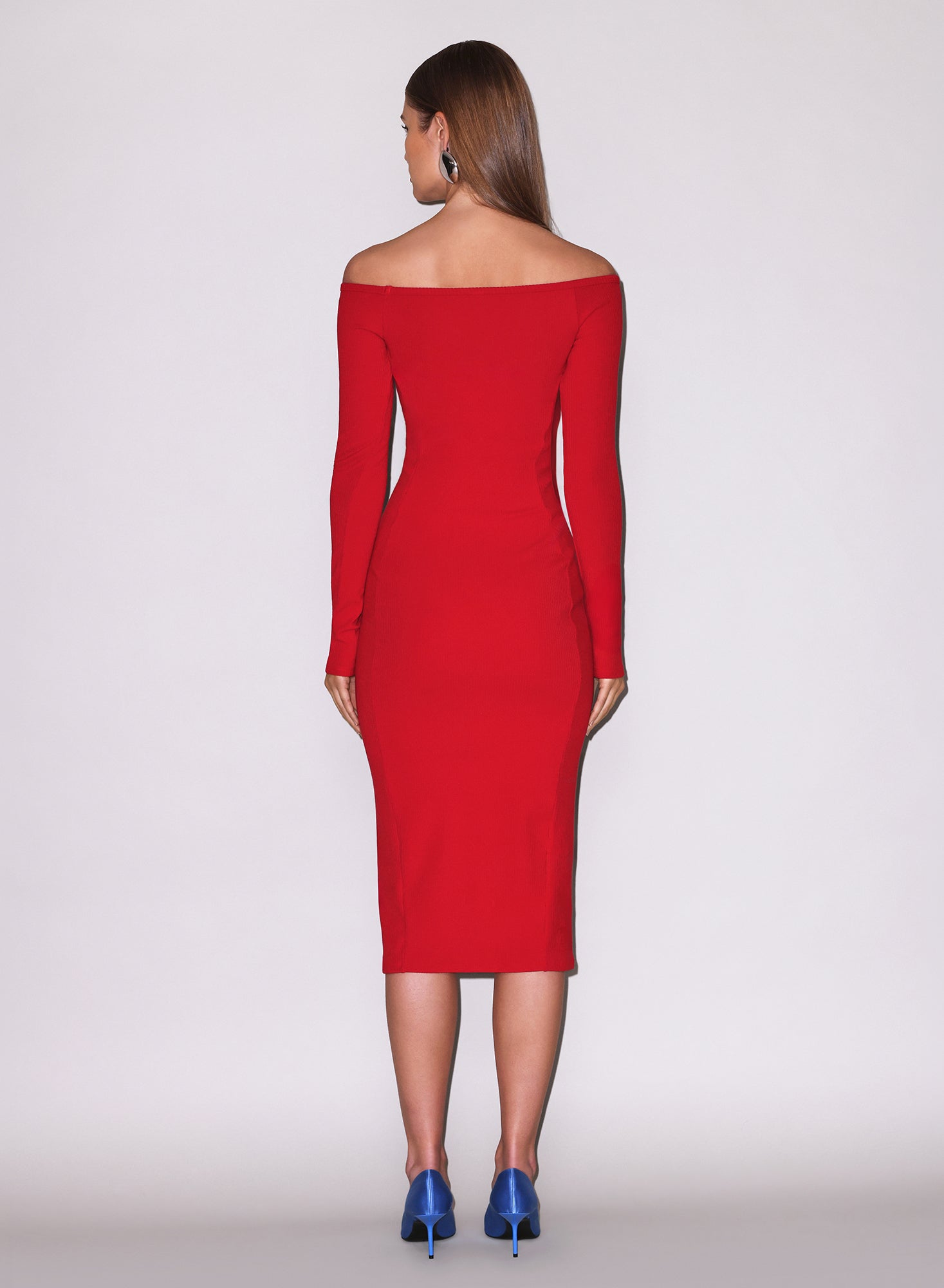Off Shoulder Hourglass Rib Midi Dress-Rouge- Fleur du Mal
