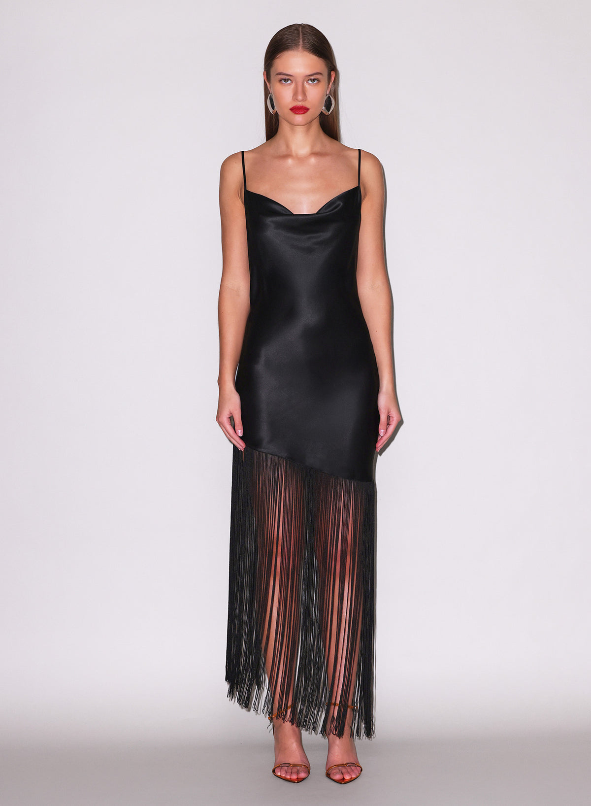 Cowl Neck Fringe Dress-Black- Fleur du Mal