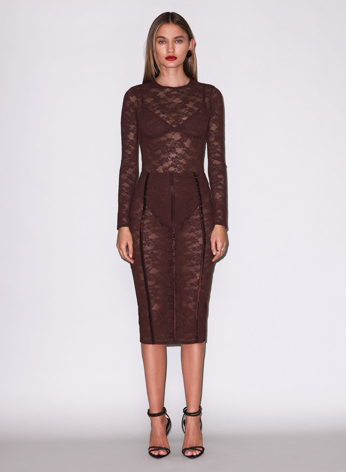 Le Stretch Lace Pencil Skirt-cocoa plum-fleur du mal