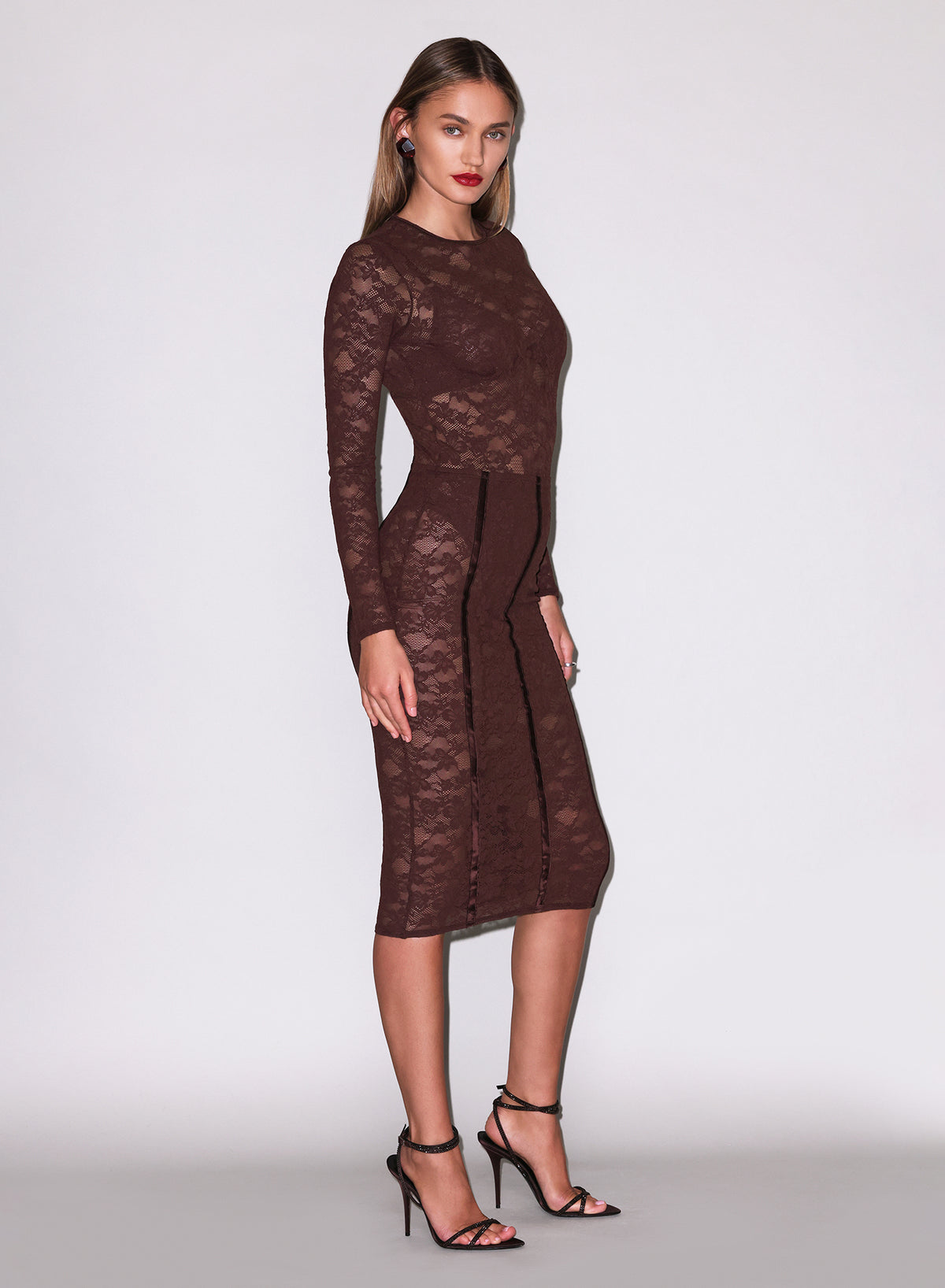 Le Stretch Lace Pencil Skirt-cocoa plum-fleur du mal
