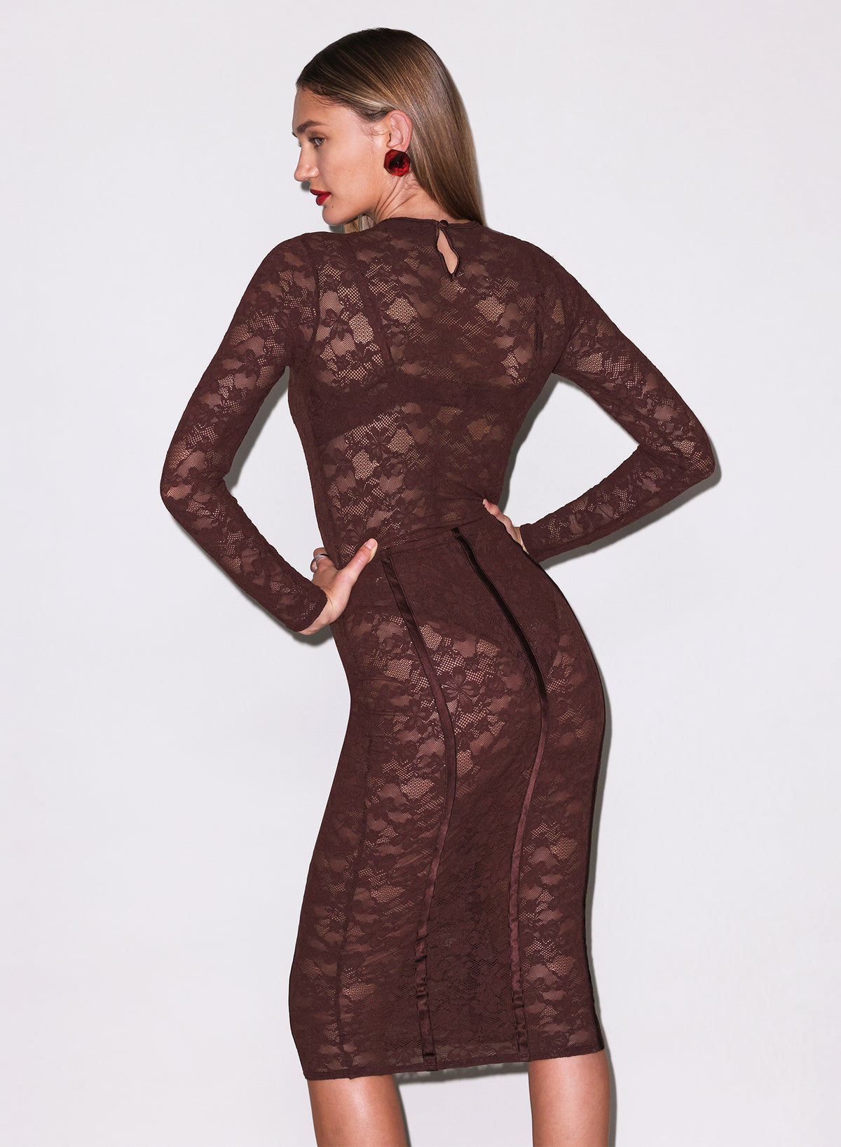 Le Stretch Lace Pencil Skirt-cocoa plum-fleur du mal