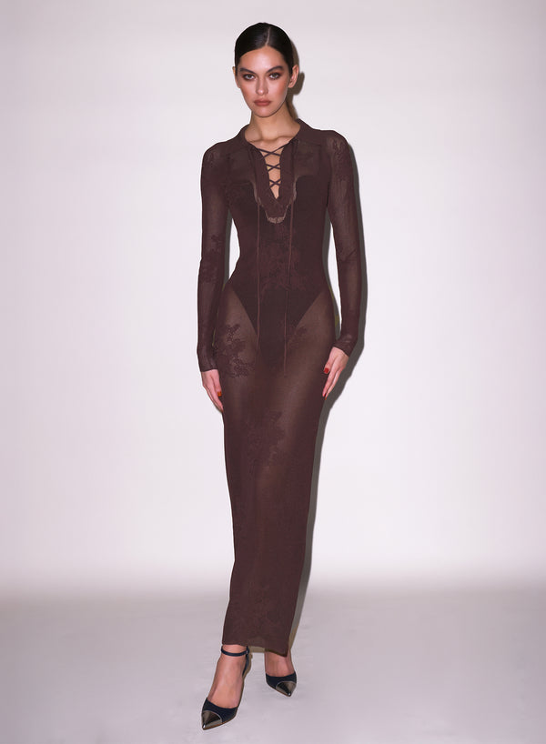 Cognac - Lace Pointelle Long Sleeve Dress | Fleur du Mal