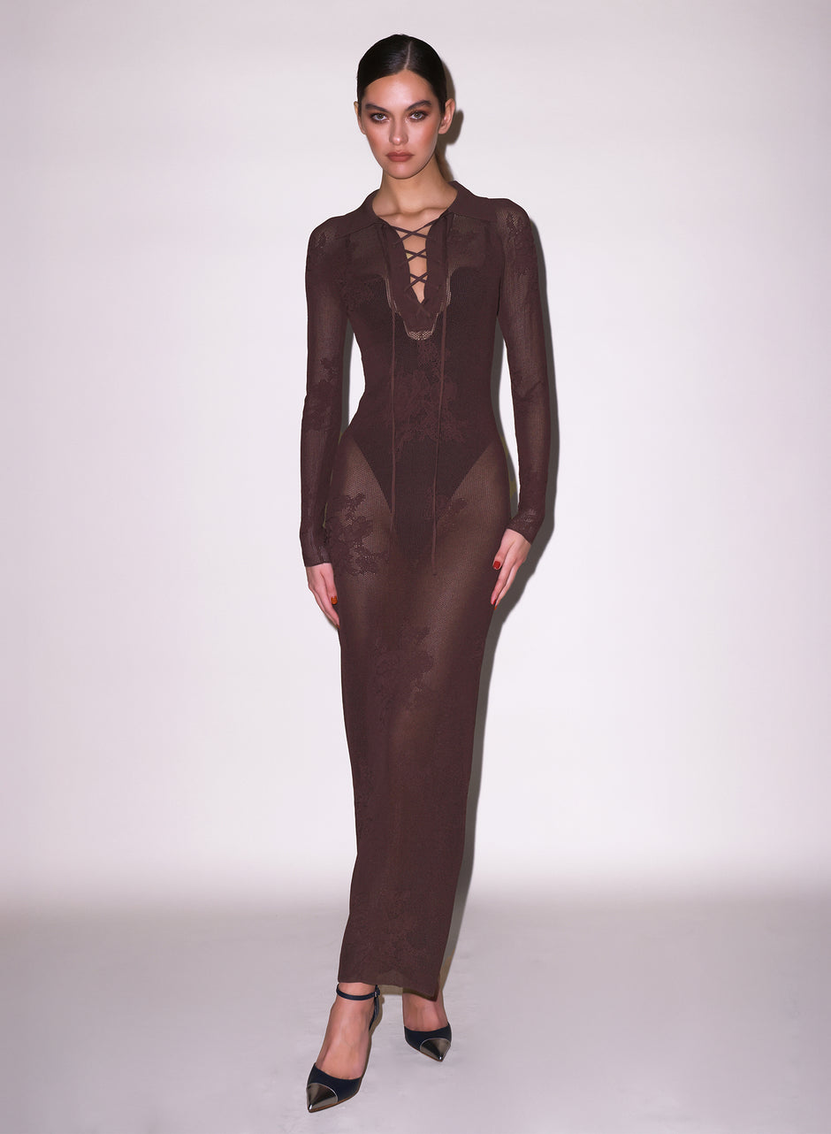Cognac - Lace Pointelle Long Sleeve Dress | Fleur du Mal
