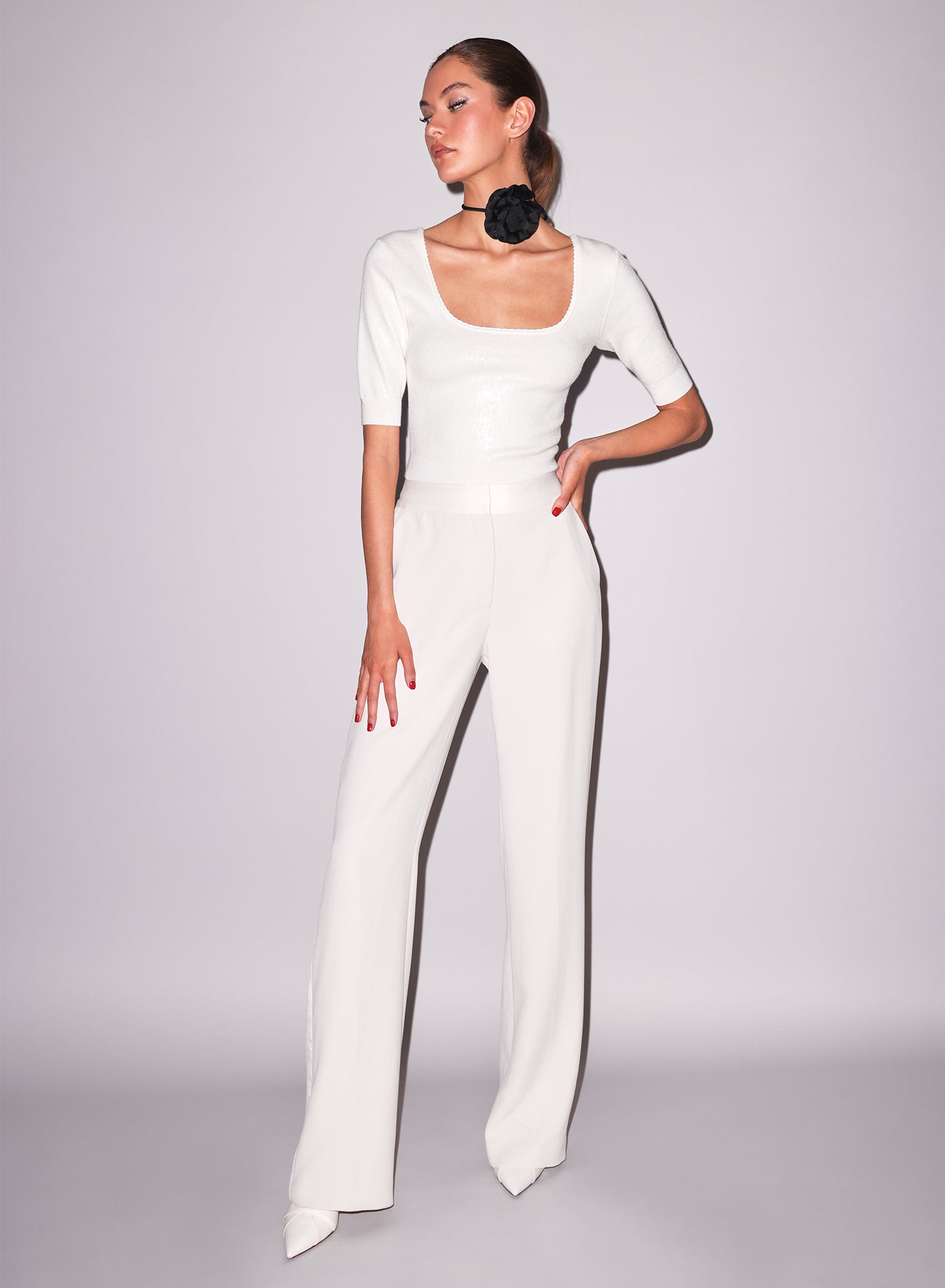 Sequin Knit Top & Tux Pant  Ivory- Fleur du Mal