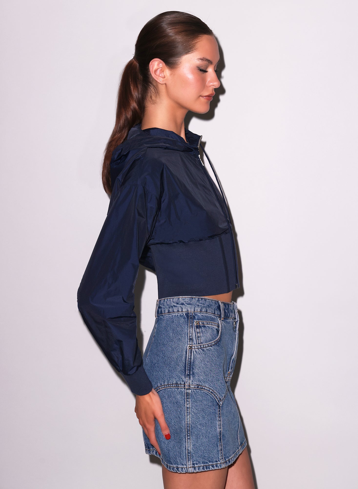 Side view Nylon Trackstar Jacket with corset details