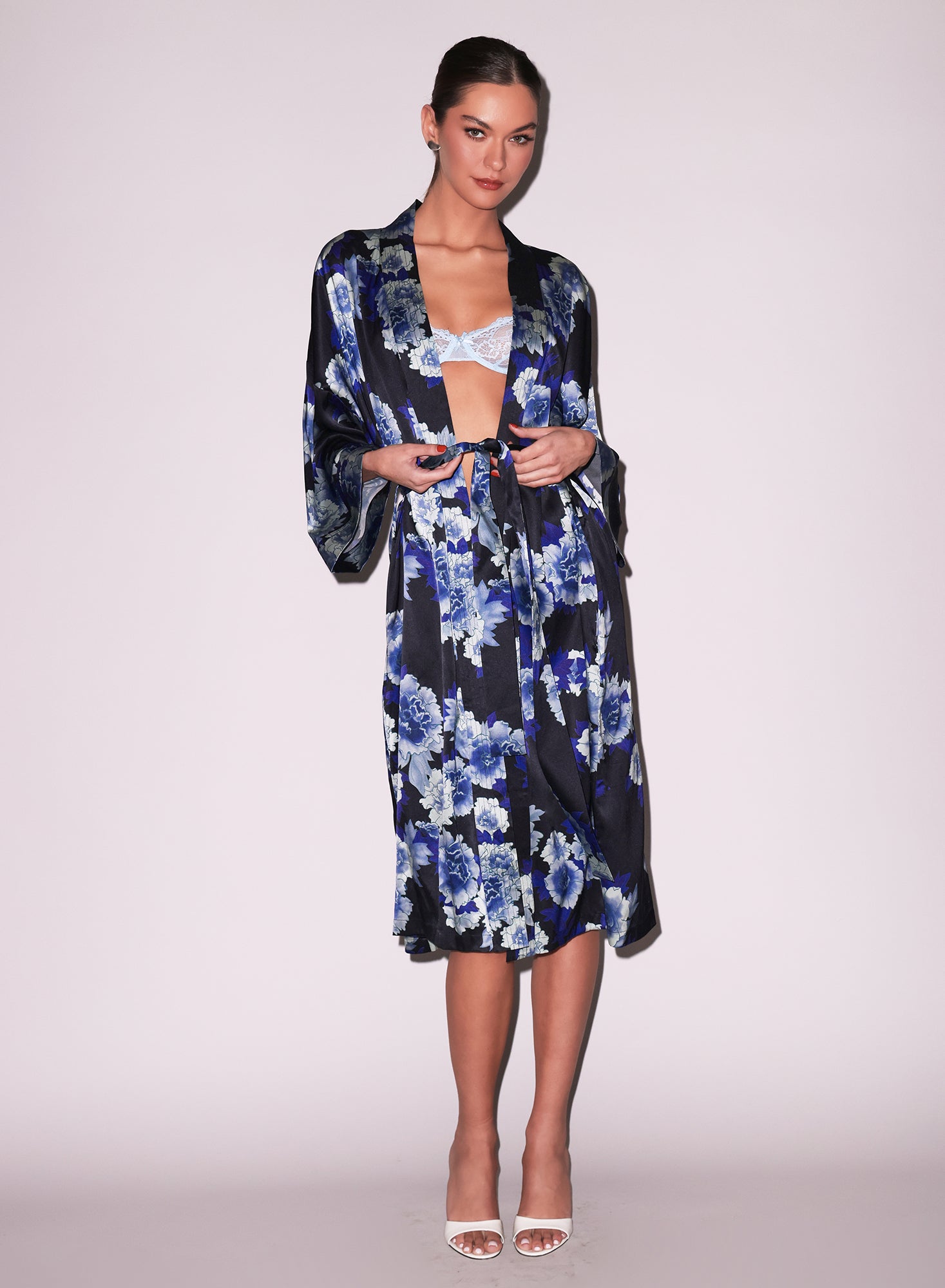 Bianca Lace lingerie with blue floral robe