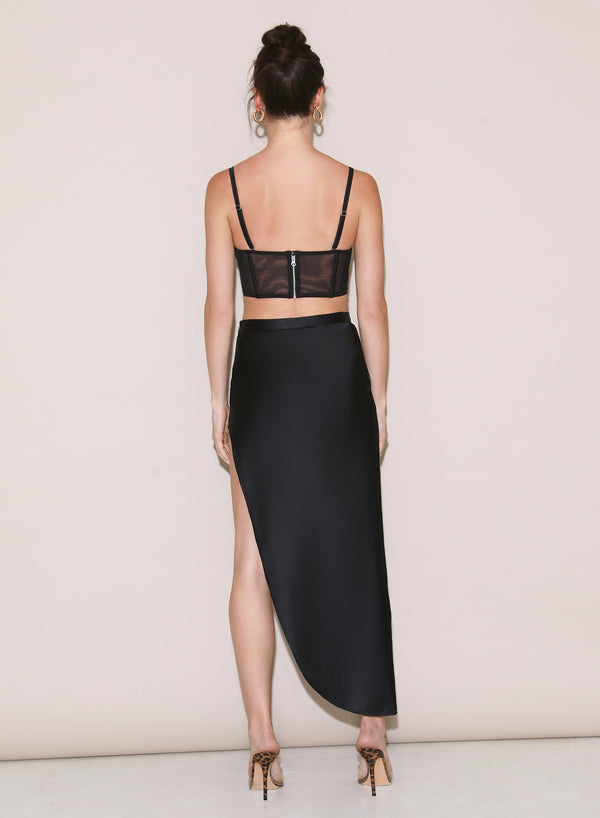 Lace Midi Slip Skirt in Black/nude
