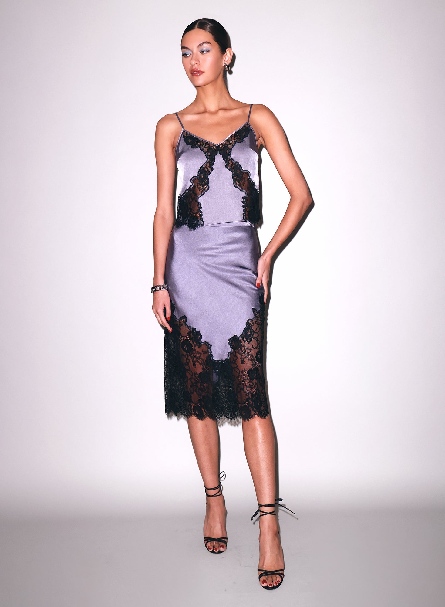 Juliet Lace Silk Cami & Skirt in lavender smoke- Fleur du mal