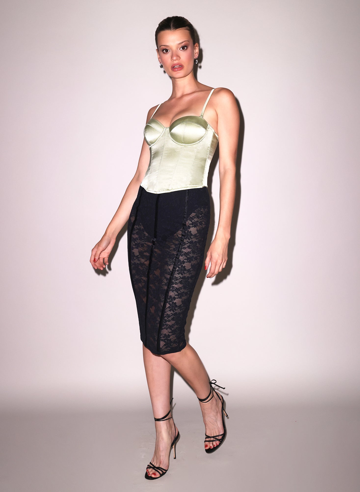 Hamptons bustier in green with Le Stretch Lace Pencil Skirt