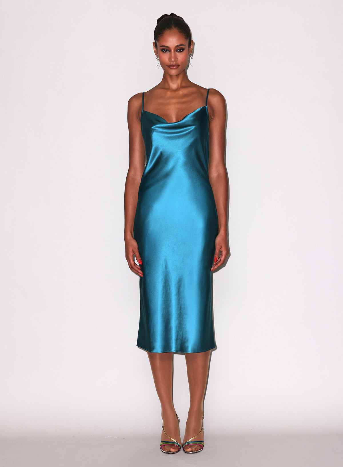 Silk Cowl Slip Dress- Teal-Fleur du Mal