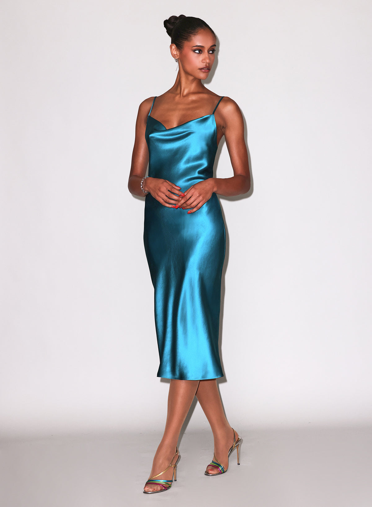 Silk Cowl Slip Dress- Teal-Fleur du Mal