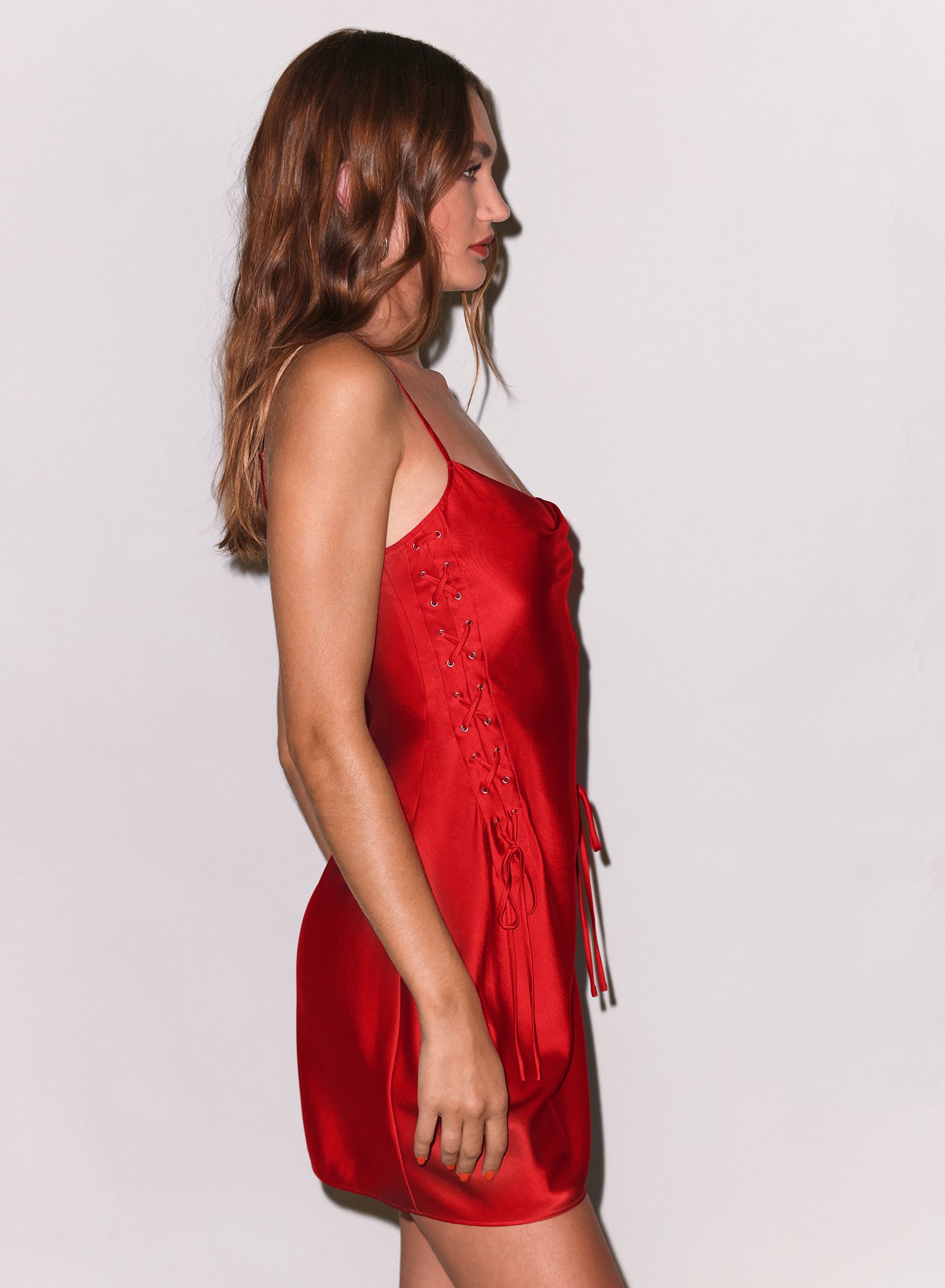 Ella Mini Dress, red silk dress with thin straps on