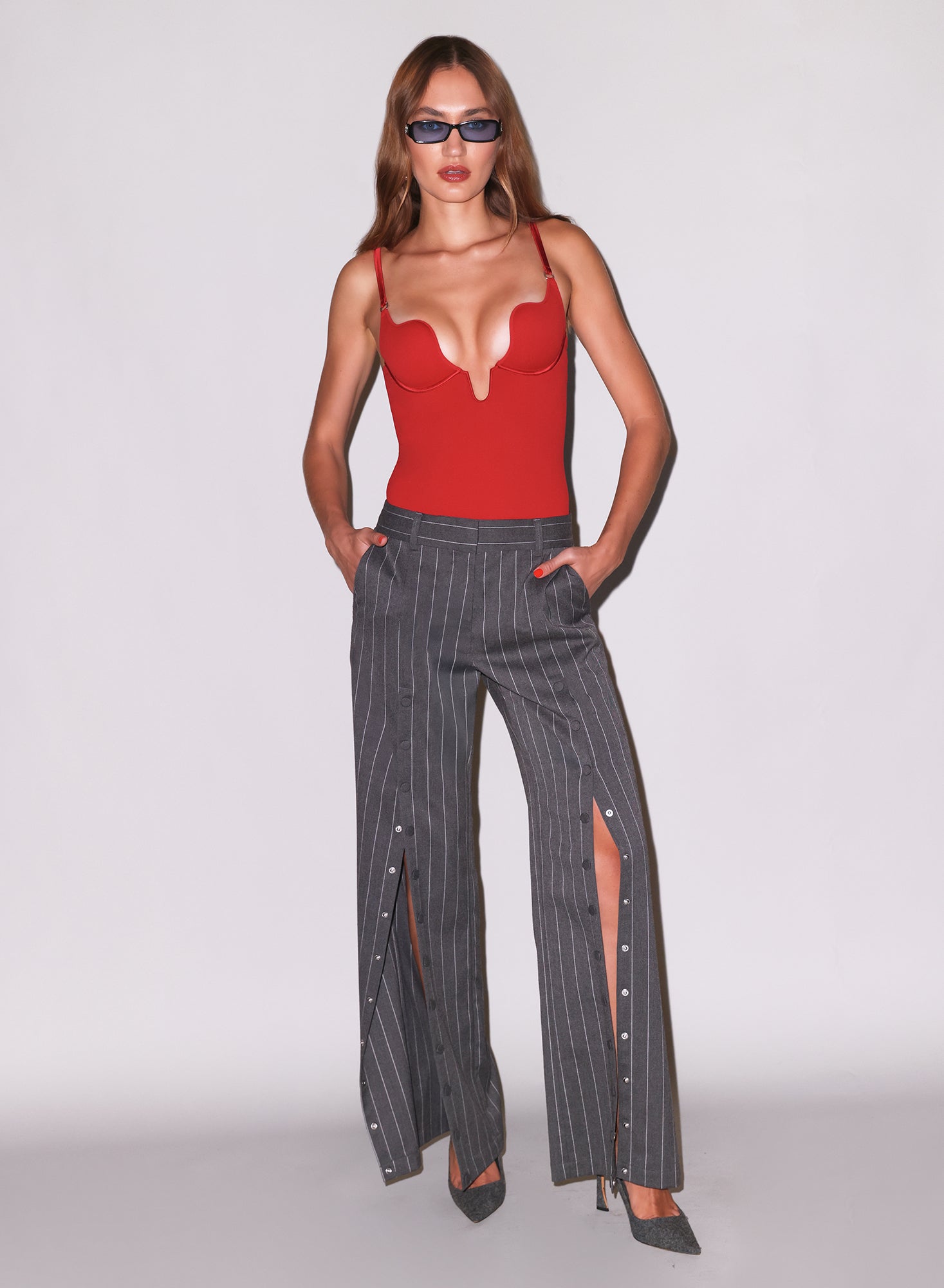 Le Stretch Lace U-plunge bodysuit & striped undo me pant