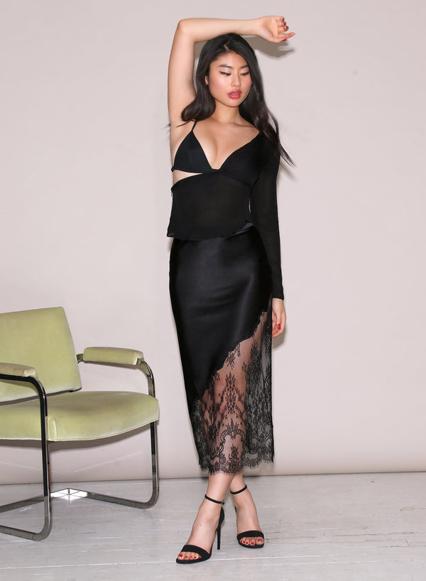 Silk & Chantilly Lace Skirt-black | Fleur du Mal