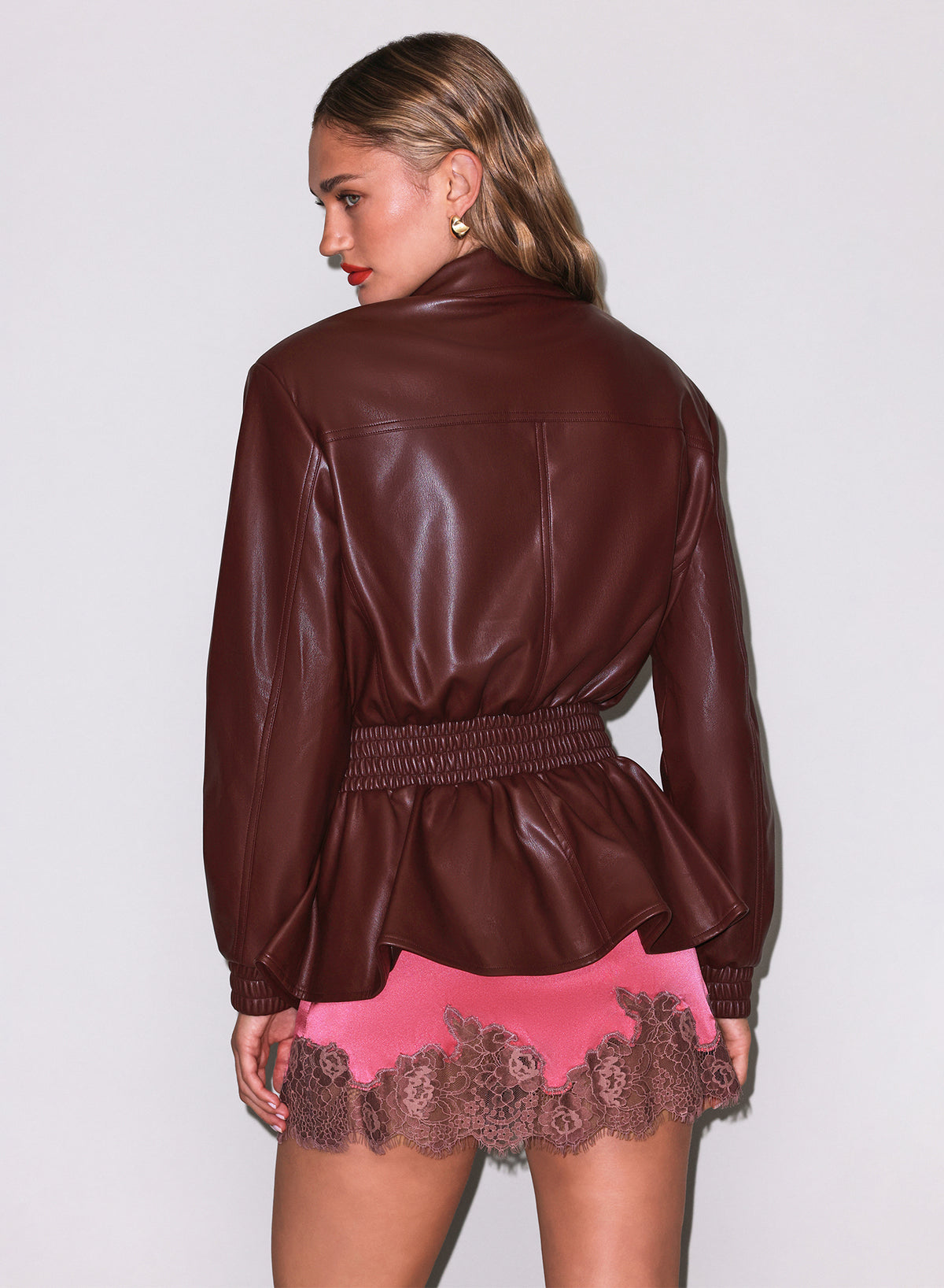 Vegan Leather Drop Waist Jacket-Brunette-Fleur du Mal