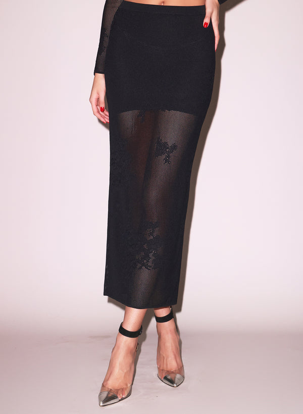 Black - Lace Pointelle Maxi Skirt | Fleur du Mal