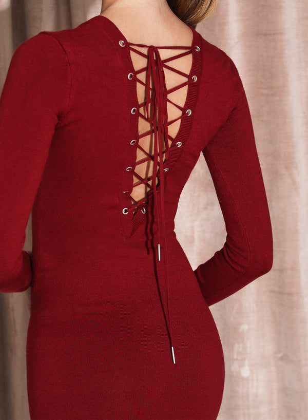 Knit Lace Up Midi Dress-cinnamon | Fleur du Mal