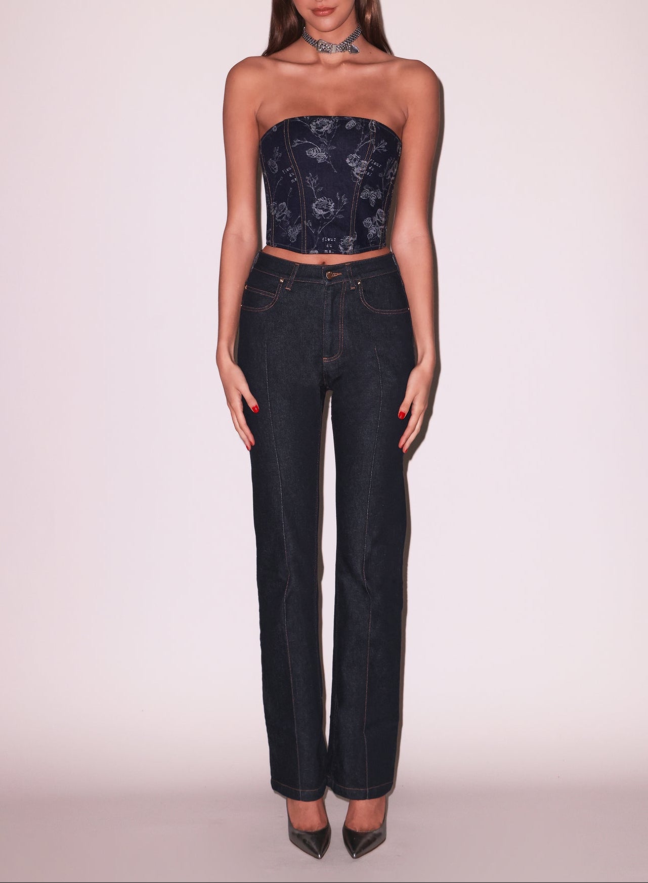 Denim Jacquard Corset Top