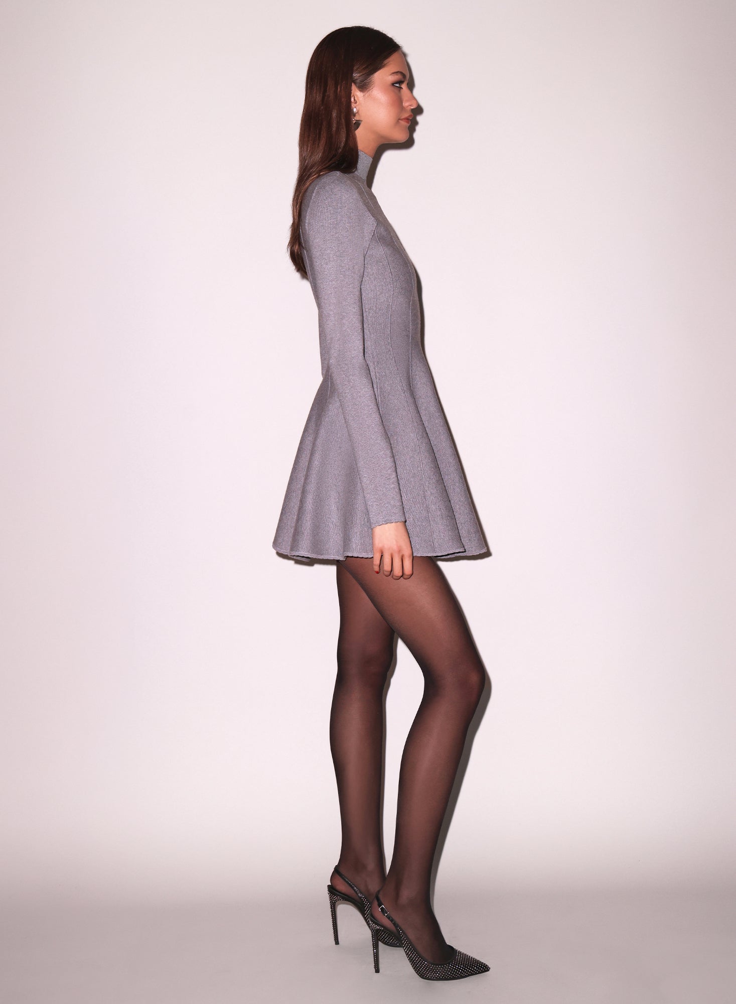 Grey Long Sleeve Flared Dress Side View