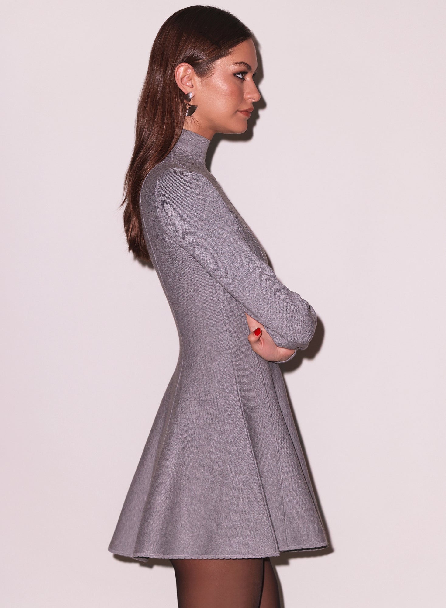 Grey Long Sleeve Flared Dress side view