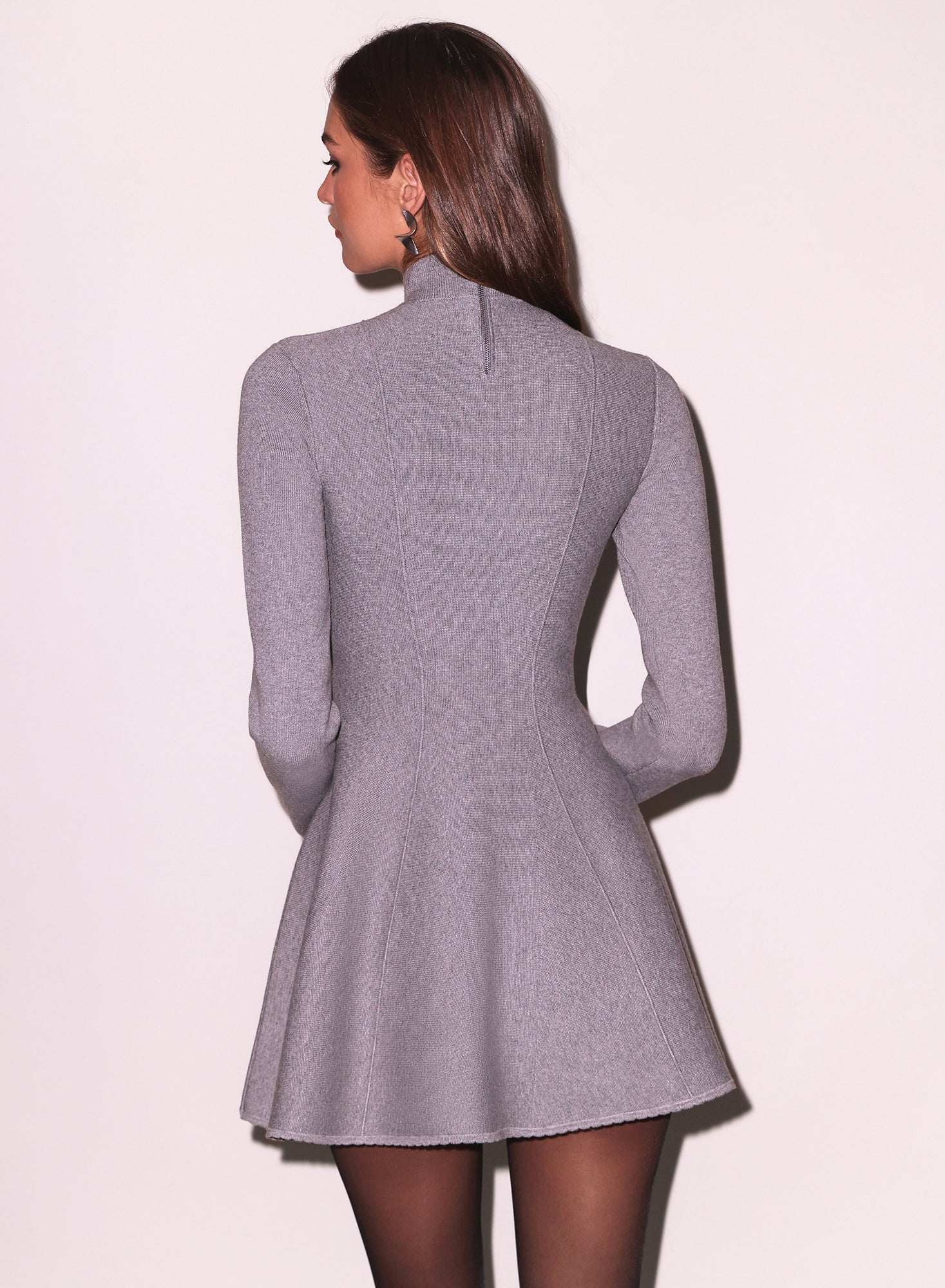 Grey Long Sleeve Flared Dress Back View