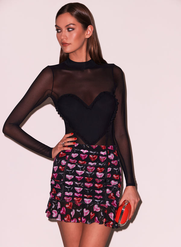 Black Mesh Ruffle Heart Bodysuit | Fleur du Mal Black Mesh Ruffle Heart Bodysuit | Fleur du Mal