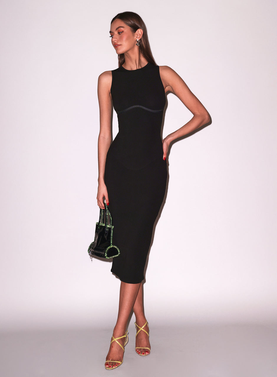 Black Hourglass Rib Midi Dress