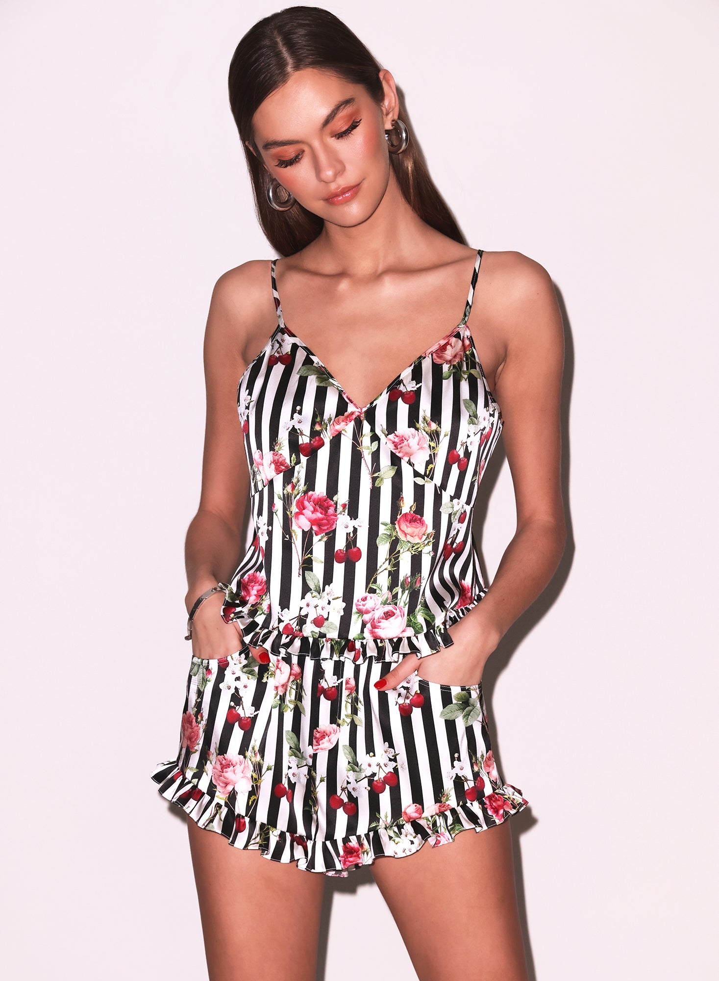 Cherry Rose Stipe Ruffle Pjs