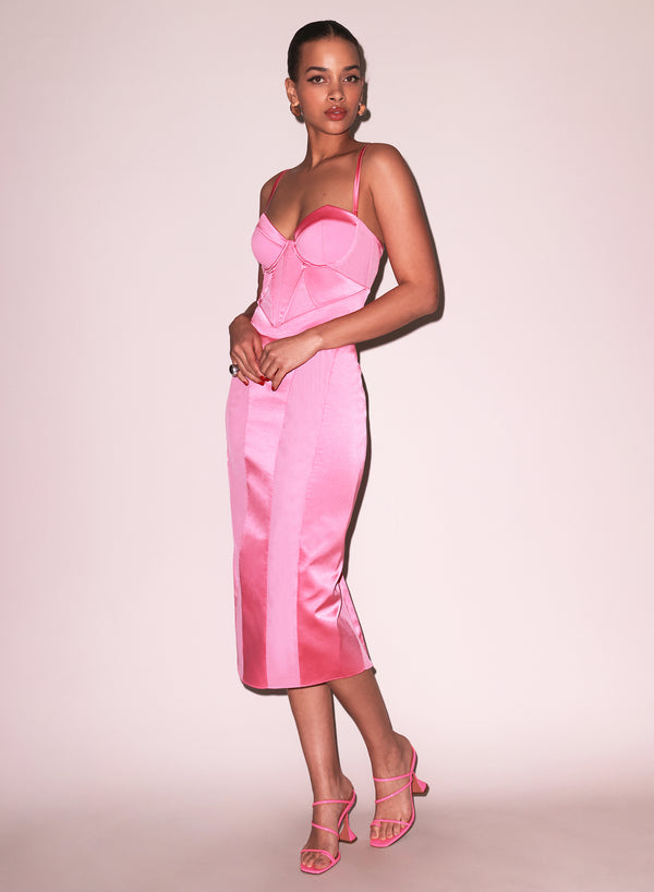 Pink obsession - Satin &amp; Mesh Bustier Midi Dress | Fleur du Mal