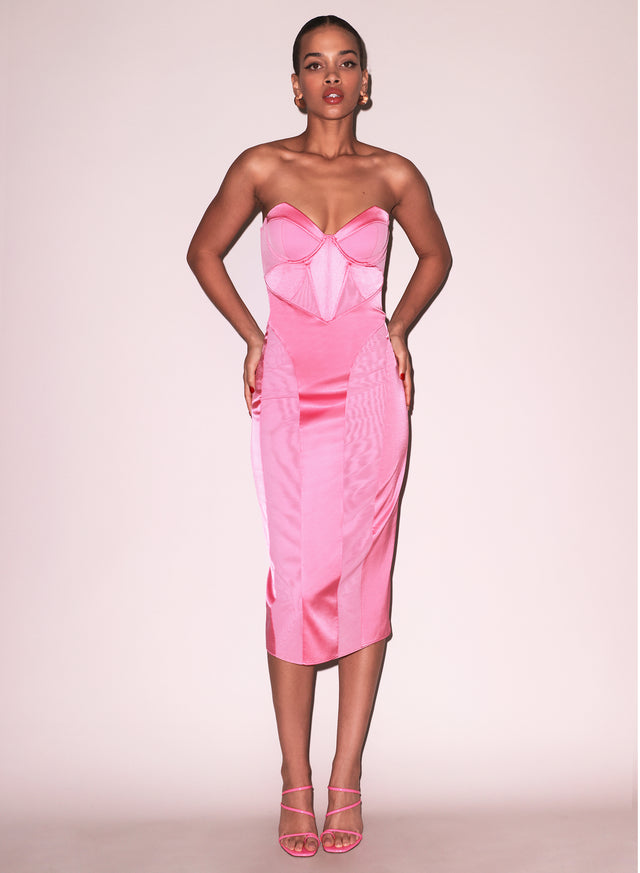 Pink obsession - Satin &amp; Mesh Bustier Midi Dress | Fleur du Mal