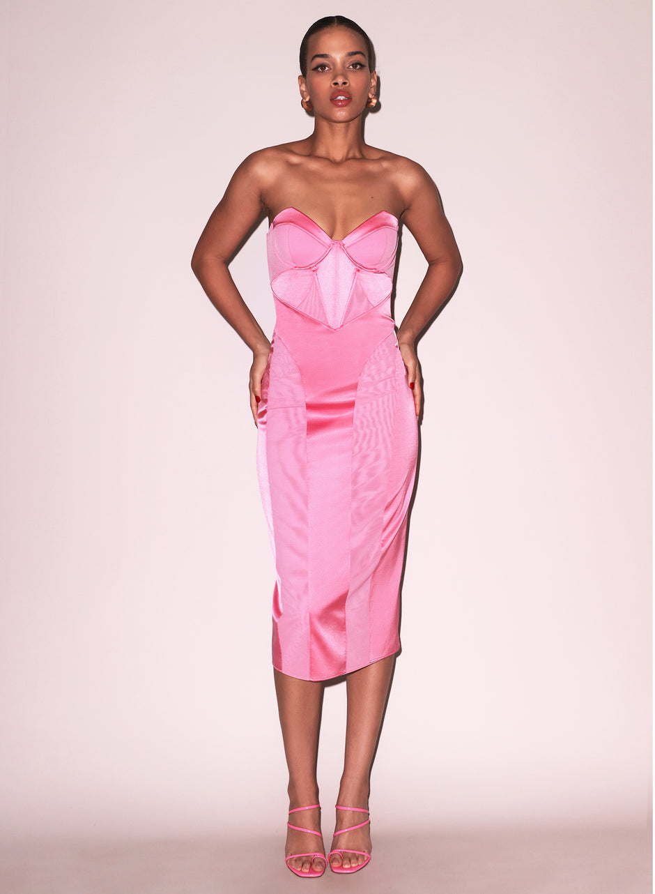 Pink obsession - Satin &amp; Mesh Bustier Midi Dress | Fleur du Mal