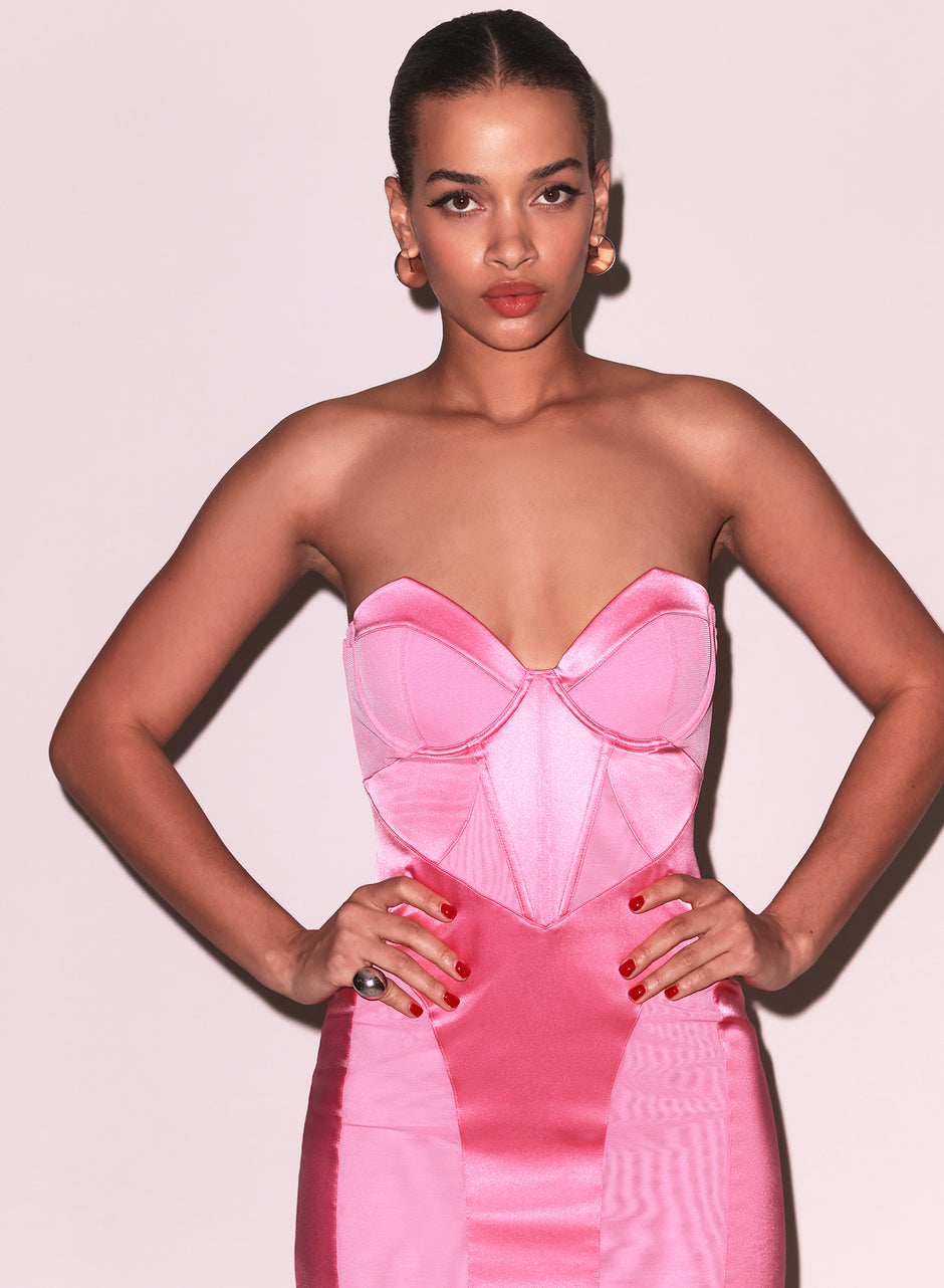 Pink obsession - Satin &amp; Mesh Bustier Midi Dress | Fleur du Mal