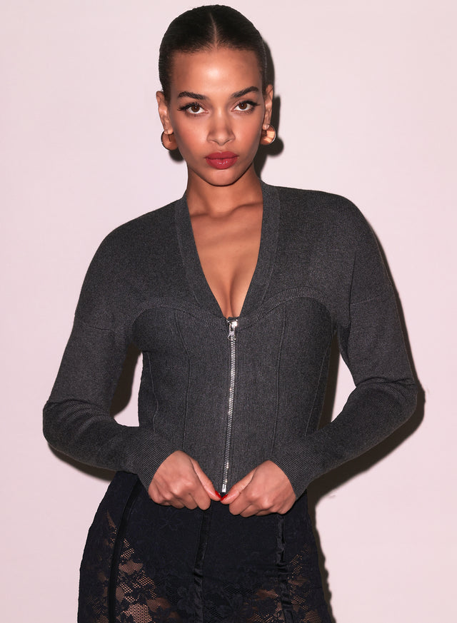 Dark heather grey - Knit Zip Bustier Cardigan | Fleur du Mal