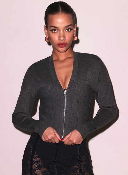 mediam Ｍelange Knit Bustier Dark Heather Grey Knit Zip Bustier Cardigan | Fleur du Mal