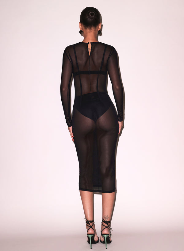 Black - Mesh Long Sleeve Midi Dress | Fleur du Mal