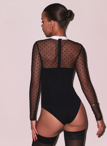 Ivory - Collared Bodysuit with Dotted Tulle | Fleur du Mal