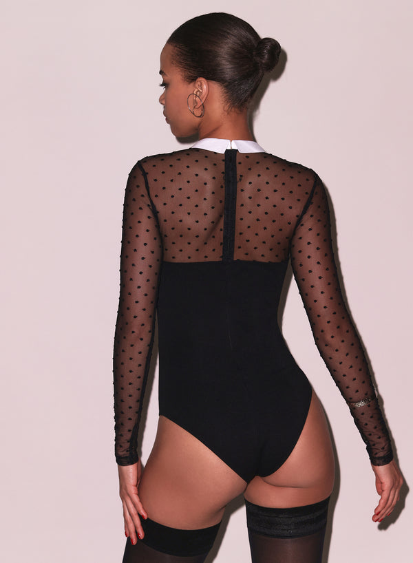 Black - Collared Bodysuit with Dotted Tulle | Fleur du Mal