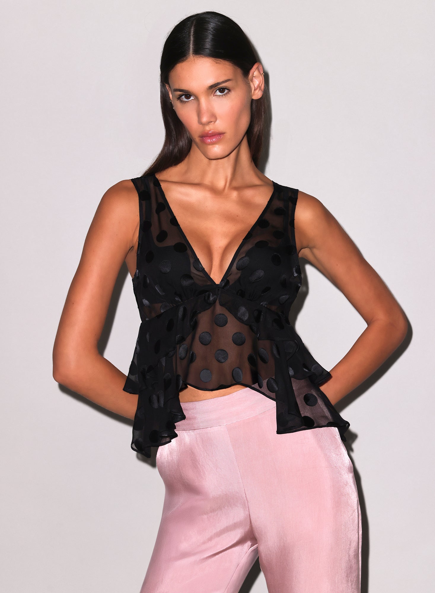 Silk Dot Ruffle Top-Black-FDM