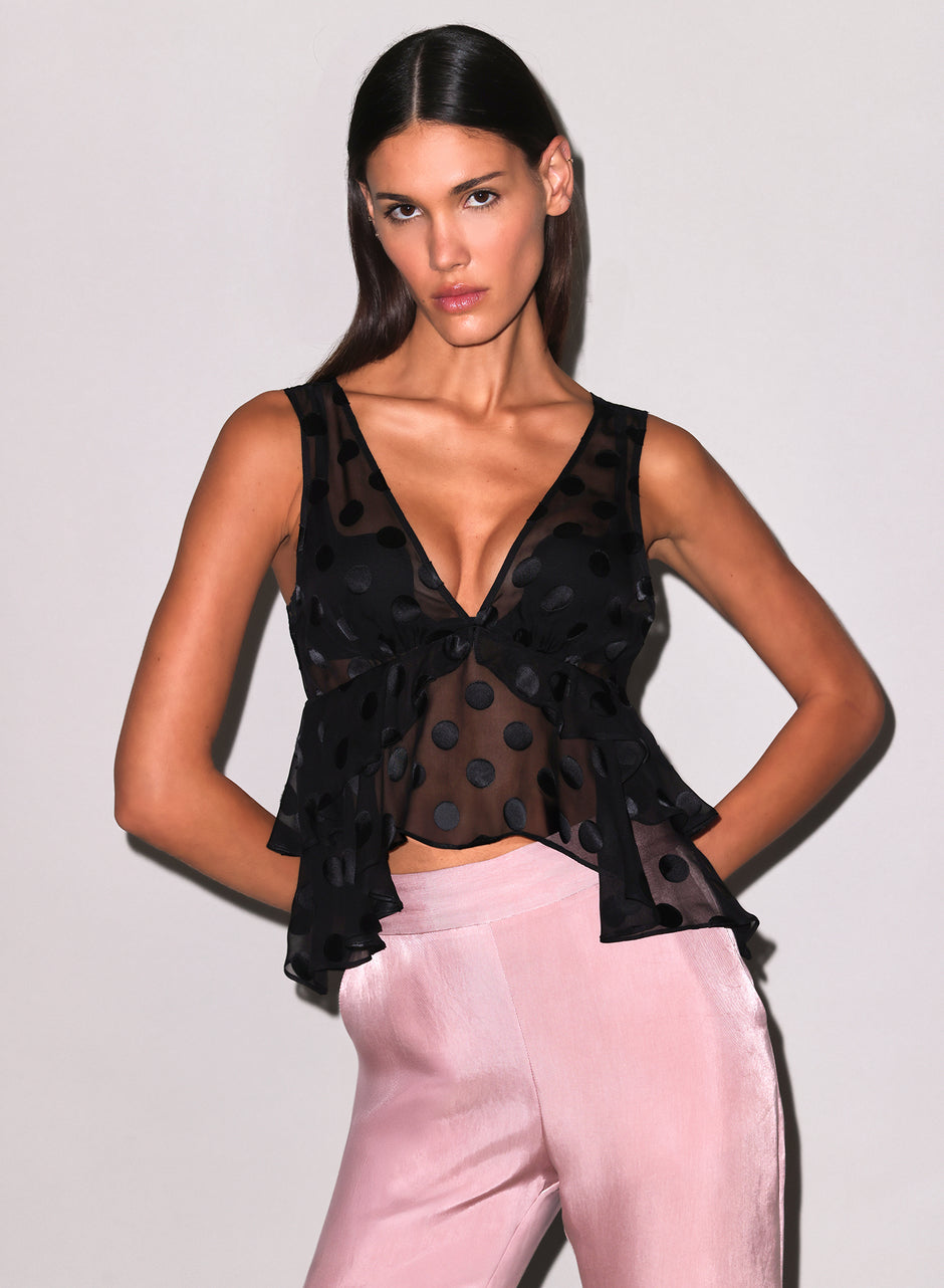 Black - Silk Dot Ruffle Top | Fleur du Mal